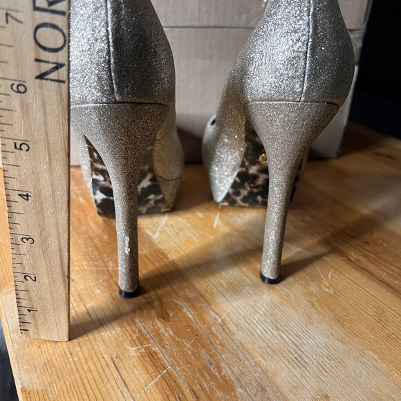 Betsey Johnson Pump Heels Shoe 10 M DISKKO Gold Glitter Leopard Platform Party - Picture 6 of 16